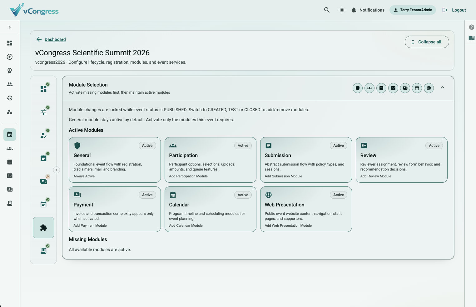 Event editor with module composition and configuration