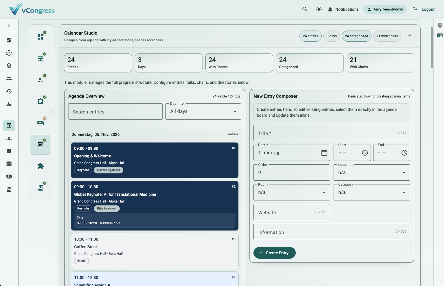Scientific program builder with sessions and timeline