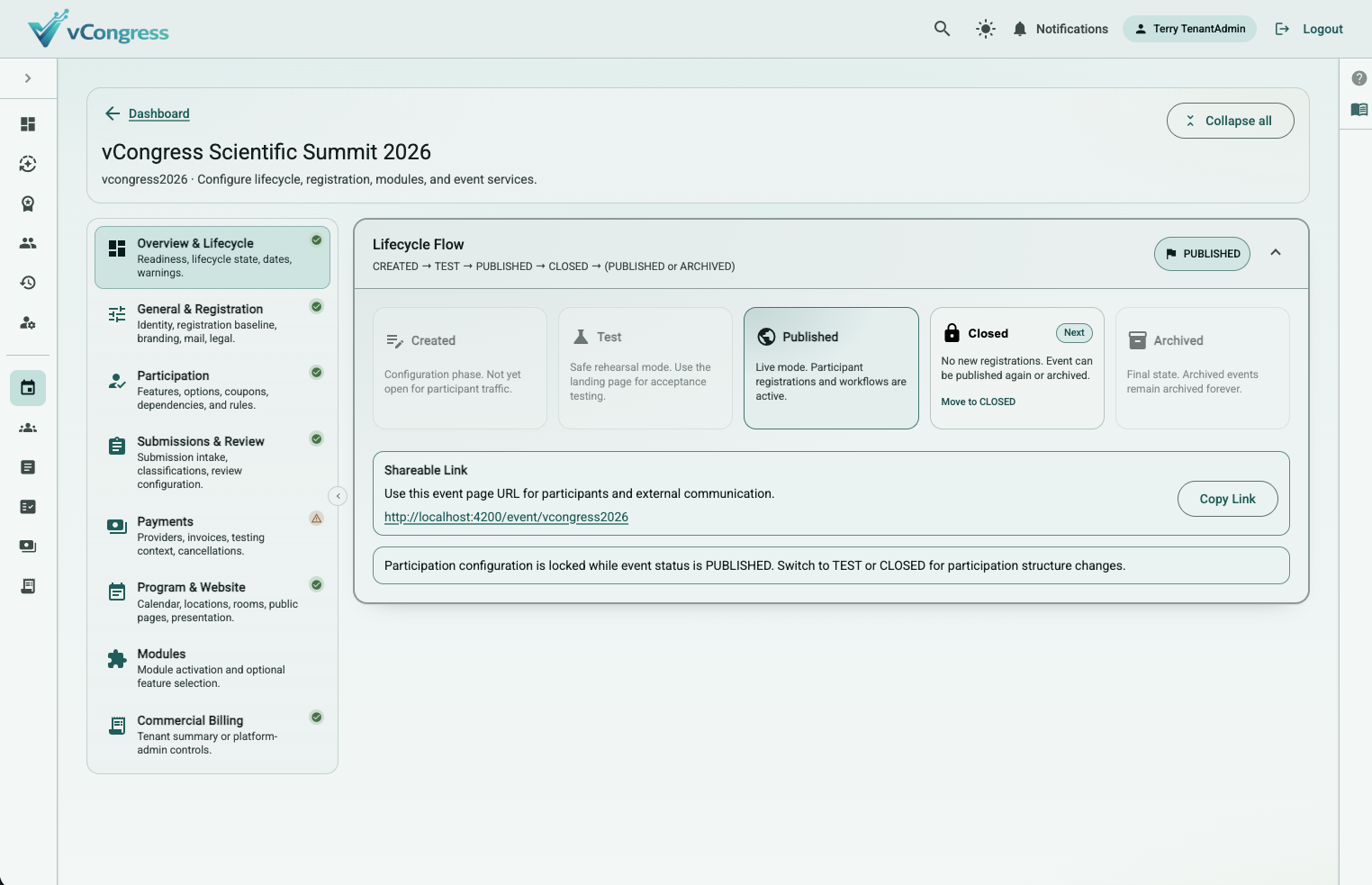 Central event editor for settings and modules