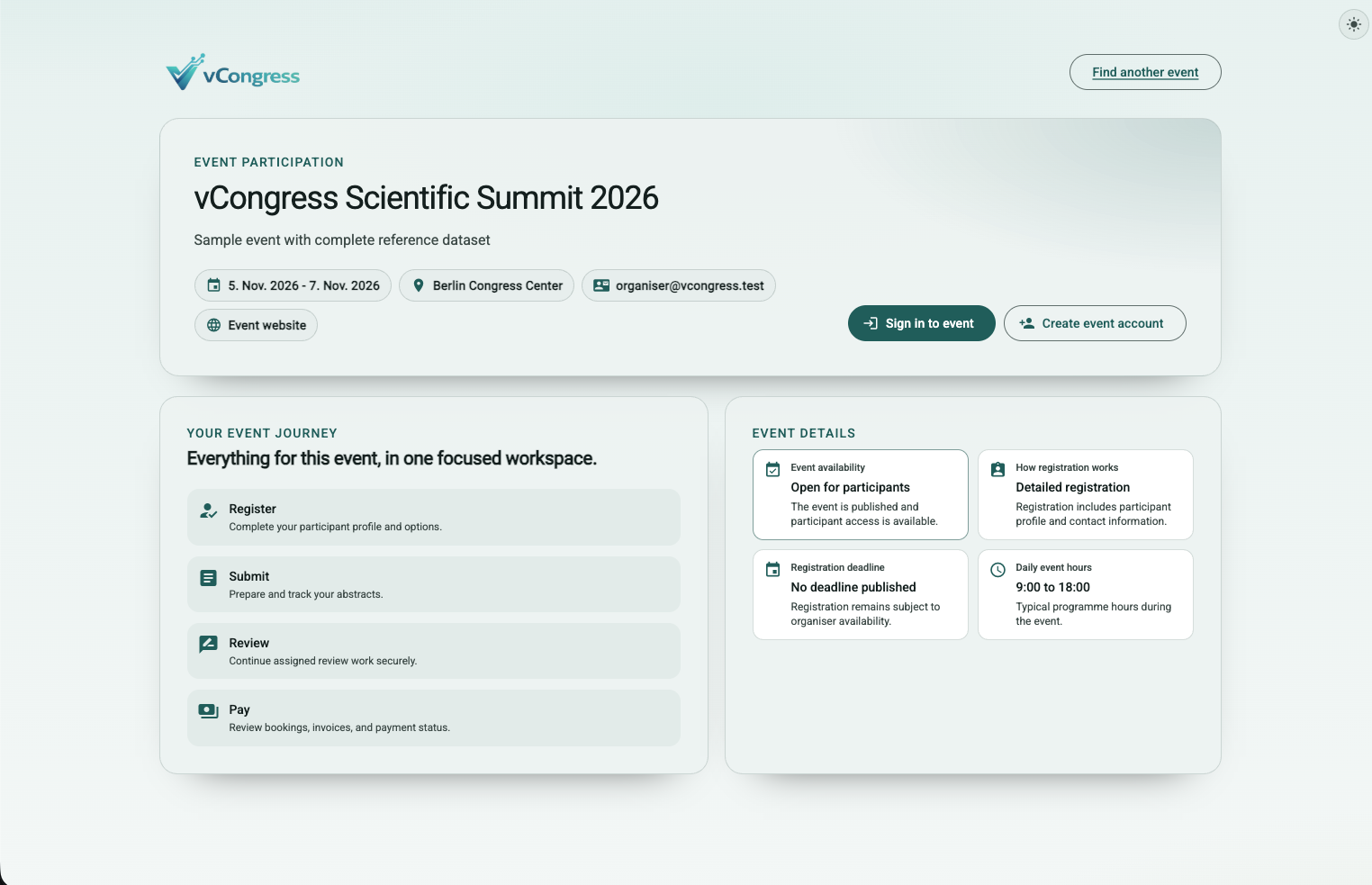 Public event page with program and registration
