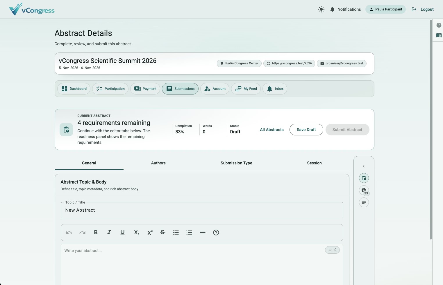 Guided abstract submission form with validation and preview