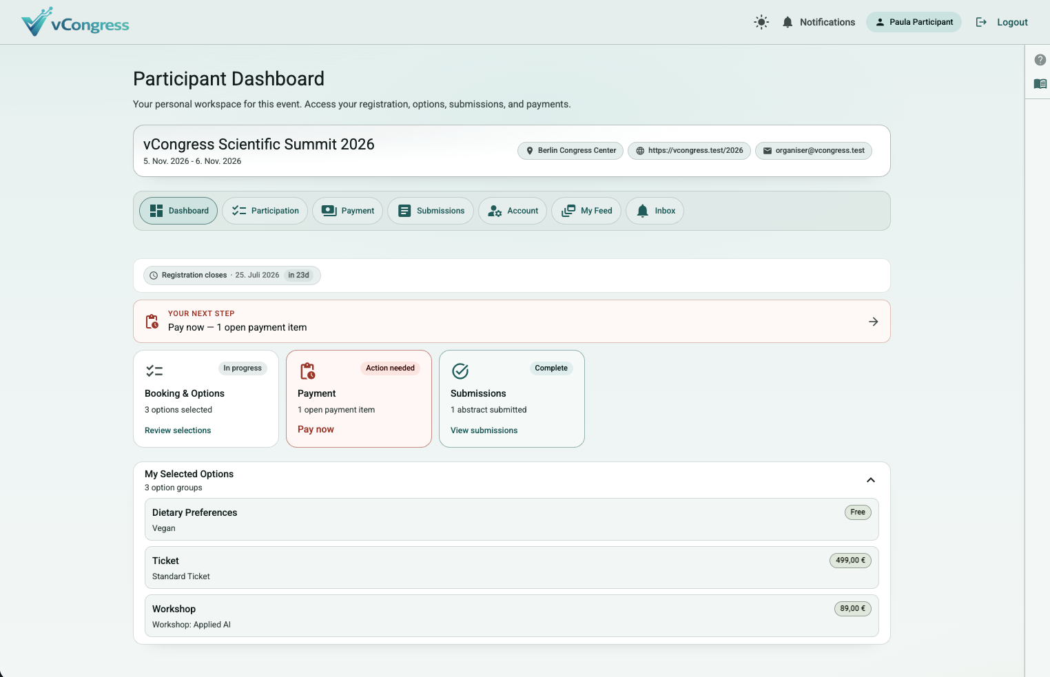 Participant workspace with registration, submissions, and invoices